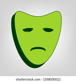 Tragedy theatrical masks. Vector. Yellow green solid icon with dark green external body at light colored background.