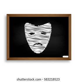 Tragedy theatrical masks. White chalk icon on black school board