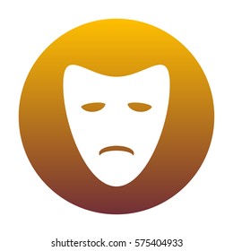 Tragedy theatrical masks. White icon in circle with golden gradient as background. Isolated.