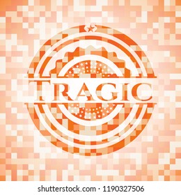 Tragic abstract emblem, orange mosaic background