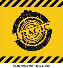 Tragic black grunge emblem, yellow warning sign. Vector Illustration. Detailed.