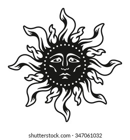 Tragic black sun with sad mystical face. Stylized vector illustration for logo use.