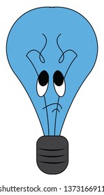 A tragic blue-colored cartoon light bulb expressing sadness has black-colored contact wires coiled towards one end vector color drawing or illustration 