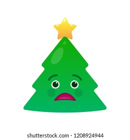 Tragic christmas tree isolated emoticon. Sorrowful green fir tree with decoration emoji. Merry Christmas and happy new year vector element. Sad face with facial expression. Winter holidays symbol