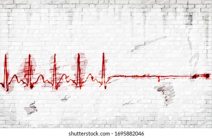 Tragic death on an ECG on a brick wall abstract concept