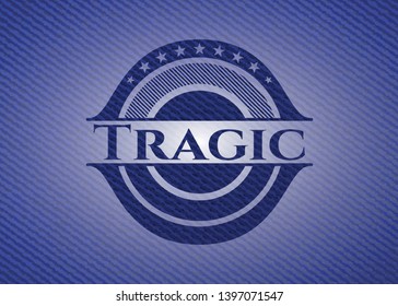 Tragic emblem with jean high quality background. Vector Illustration. Detailed.