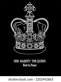 A tragic event, the end of an era. The Queen's death. Rest in peace poster with crown and inscription.  