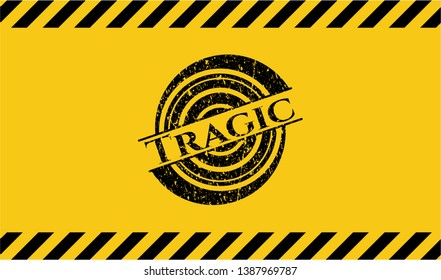 Tragic grunge black emblem with yellow background, warning sign. Vector Illustration. Detailed.