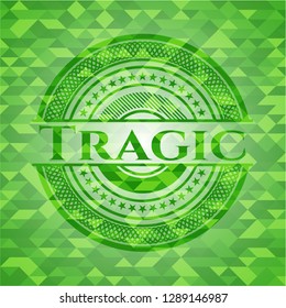 Tragic realistic green emblem. Mosaic background