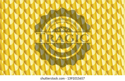 Tragic shiny golden emblem. Scales pattern. Vector Illustration. Detailed.