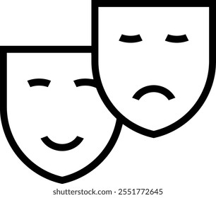 icono de tragicomedia. Diseño de estilo lineal delgado aislado sobre fondo blanco