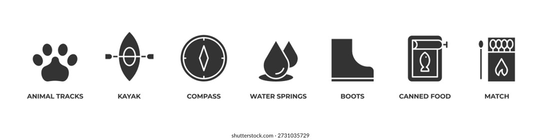 Trail to Adventure Icons set vector illustration glyph with Animal tracks, Kayak, Compass, Water springs, Boots, Canned food, Match