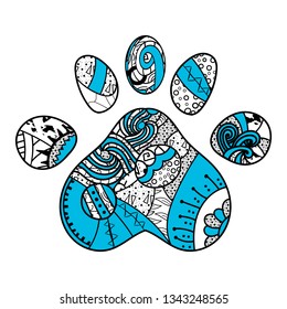 Trail of an animal in the style of zentangl art. Colorful track image with doodle and mandala elements. - Vector. Vector illustration