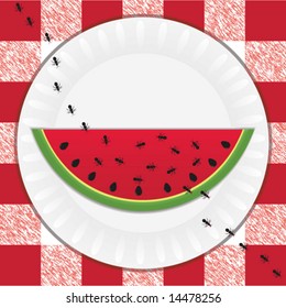 Trail Of Black Ants Taking Bites Out Of A Sweet, Juicy Slice Of Watermelon At A Picnic