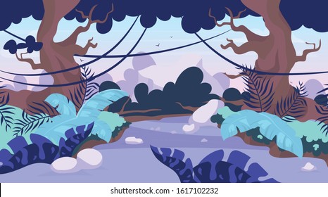 Trail blazing vector illustration. Road in forest. Way through tropical jungle. Panoramic scene with path through trees. Route to explore exotic wild land. Rainforest cartoon background