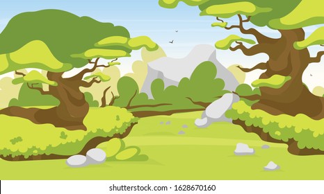 Trail blazing vector illustration. Road in fantasy forest. Way through mystical jungle. Panoramic landscape with path through woods. Route to explore exotic wild land. Rainforest cartoon background