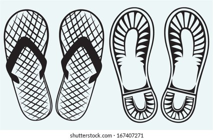 Trail boots and Flip Flop isolated on blue background