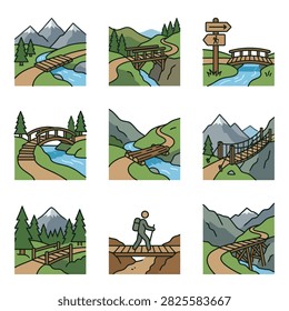 Trail bridges and hiking path landscape icons.