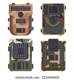 Trail camera vector cartoon set isolated on a white background.