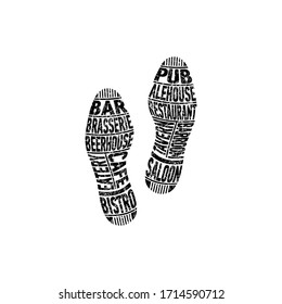 Trail of eater and booze. The unique imprint of a person’s shoes determines his lifestyle. Vector illustration, isolated object on a white background.