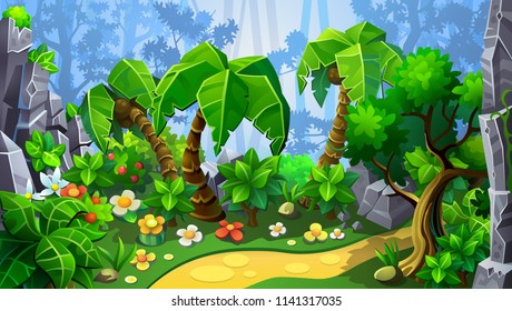 Trail in fantastic jungle. Fairy flowers and plants. Vector illustration.