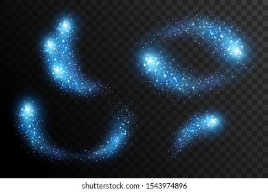 Trail of glowing particles. Shining swirl light.