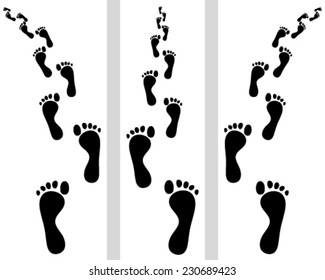 Trail of human bare footsteps with turn right and left, vector
