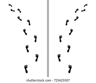 Trail of human bare footsteps, turn right or left