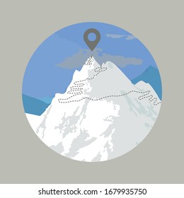 Trail leading to vector location pin on top of beautiful illustration of a snowy mountain landscape.