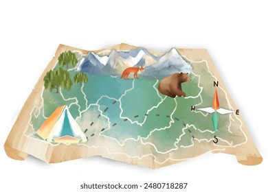 Mapa de ruta de los turistas senderismo con Ilustración vectorial de ubicación de camping, aislado sobre fondo blanco.
