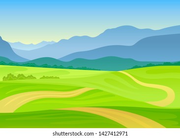 Trail meanders in a hilly meadow. Vector illustration on white background.