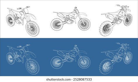 trail motorcycle line art draw blueprint wireframe from all view top corner side back isolated in transparent background 