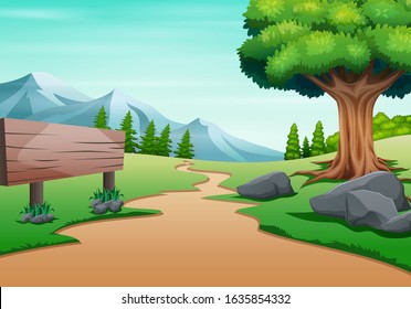 A trail to the mountain with empty road sign