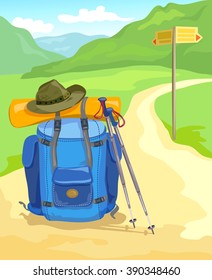 trail in the mountains, tourist backpack traveler. vector illustration