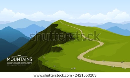 A trail on top of a mountain. High rock, cliff. A panoramic view of the mountain ranges. Hiking, tourism, active recreation. Mountain landscape, summer scenery. Vector illustration.