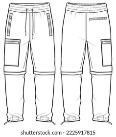 Trail pants bottom flat sketch fashion illustration drawing with front and back view , Detachable Cargo bottom pants vector template