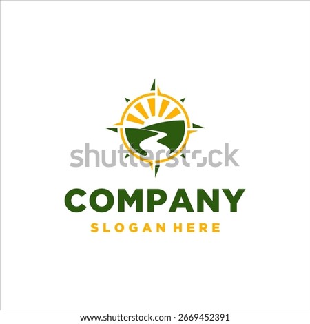 Trail path with hills and sun in compass badge