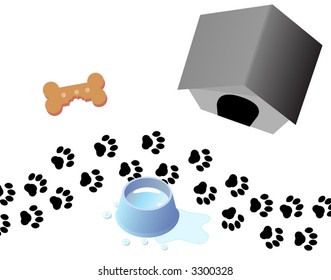 A trail of paw prints through three doggy graphics, for your pet related designs.