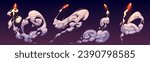 Trail of rocket or shuttle launch with fire and smoke. Cartoon comic vector illustration set of explosion or blast flame and steam trace. Speed aircraft light burst and fog or vapor track tail.