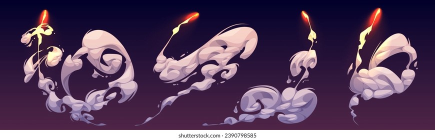 Trail of rocket or shuttle launch with fire and smoke. Cartoon comic vector illustration set of explosion or blast flame and steam trace. Speed aircraft light burst and fog or vapor track tail.