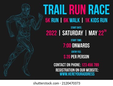 Trail run race vector flyer, label with blue outline runner silhouette on black background