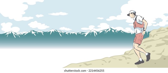 Trail runner looking at mountains during race.