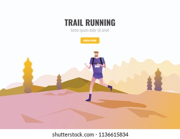 Trail Runner of men running on the mountain. beautiful scenery Background. vector illustration
