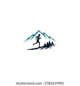 Trail Runner Silhouette with Pine Forest and Mountain Peaks Logo