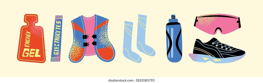 Trail running gear vector illustration set. Flat marathon sport equipment icons with running shoe, hydration vest, energy gel, electrolytes packet, water bottle, socks, and sunglasses