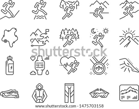 Trail running line icon set. Included icons as runner, sport, healthy, mountain course, marathon and more.