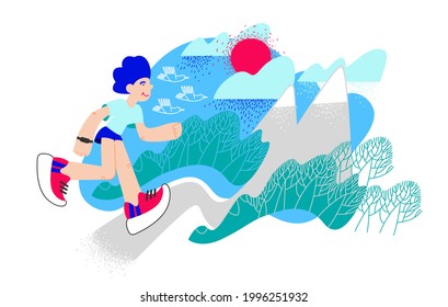 Trail Running, corredor de maratón. Deportes extremos. Atleta corriendo a distancia al aire libre. Paisaje de montaña vectorial con árboles, sol, nubes, pájaros.