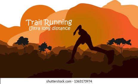 Trail running silhouettes. Vector illustration,Runner in mountain landscape