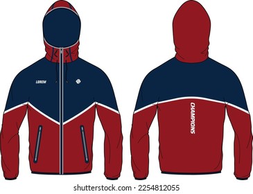 Trail corriendo Windcheater Hoodie diseño de boceto plano Ilustración, Corcheta de rompeolas de viento con vista frontal y trasera, chaqueta de invierno para hombres y mujeres. para excursionismo, ultradesgaste en invierno