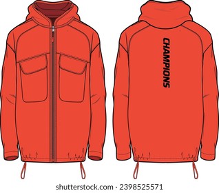 Trail running Windcheater Hoodie jacket design flat sketch Illustration, Hooded windbreaker jacket with front and back view, winter jacket for Men and women. for hiker, outerwear in winter